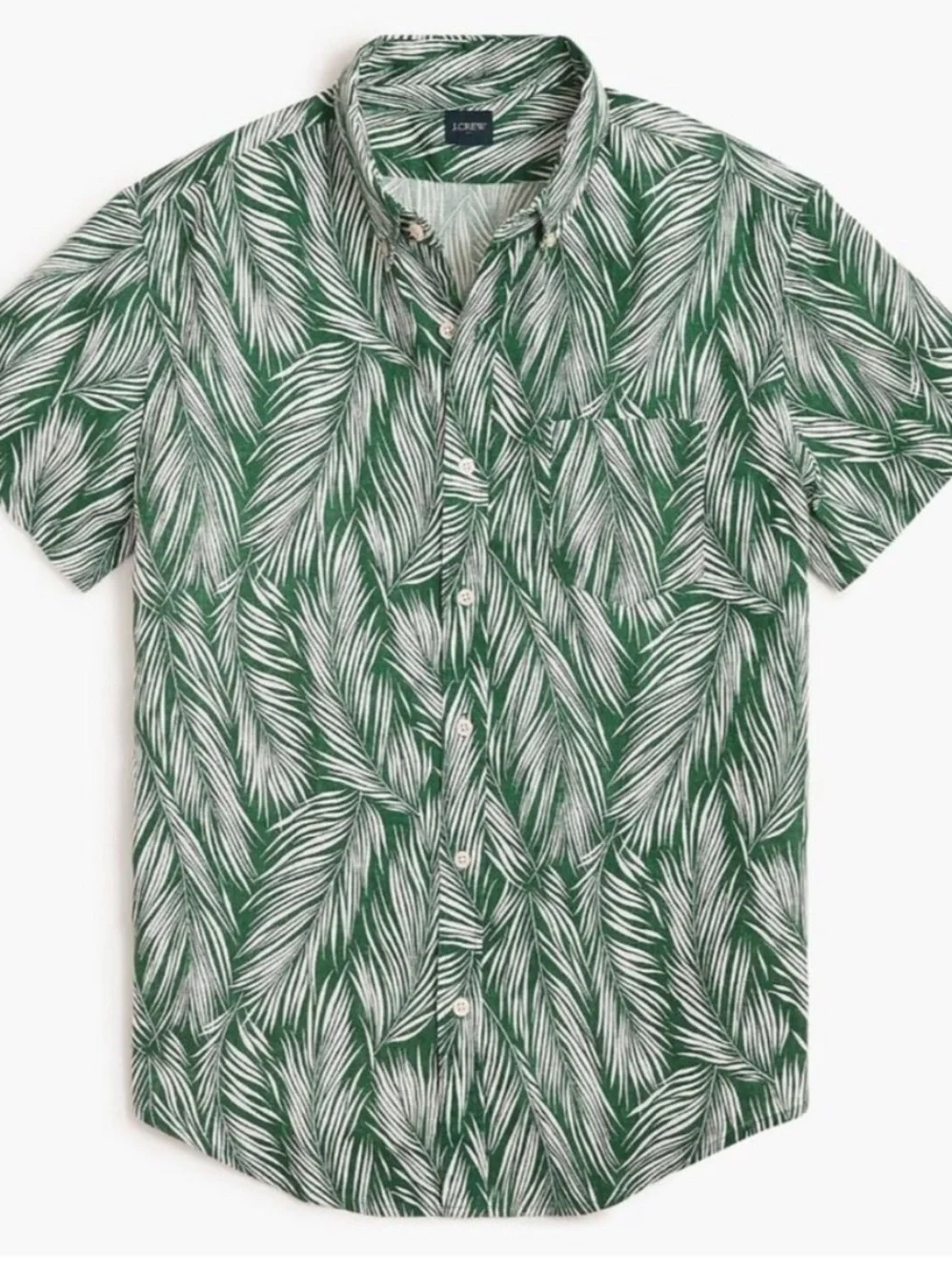 J. Crew Men's Green & White Leaf-Print Short-Sleeve Button-Up Shirt Linen Slim L
